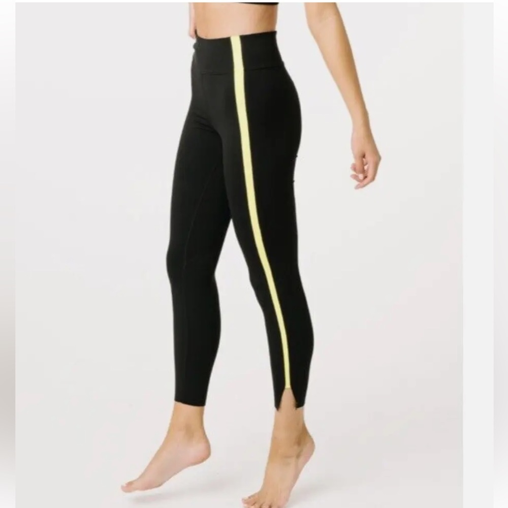Zyia Size 2 Black Neon Tape 7/8 Leggings High Rise Lux Racing Stripe Yellow